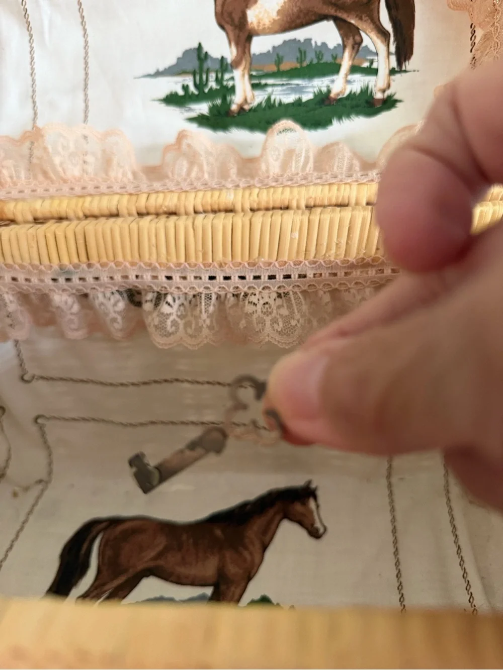 Vintage Rattan Style Basket Horse Motif Interior